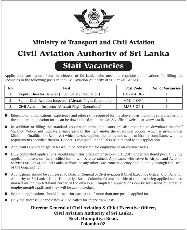 Deputy Director General, Senior Civil Aviation Inspector, Civil Aviation Inspector - Civil Aviation Authority